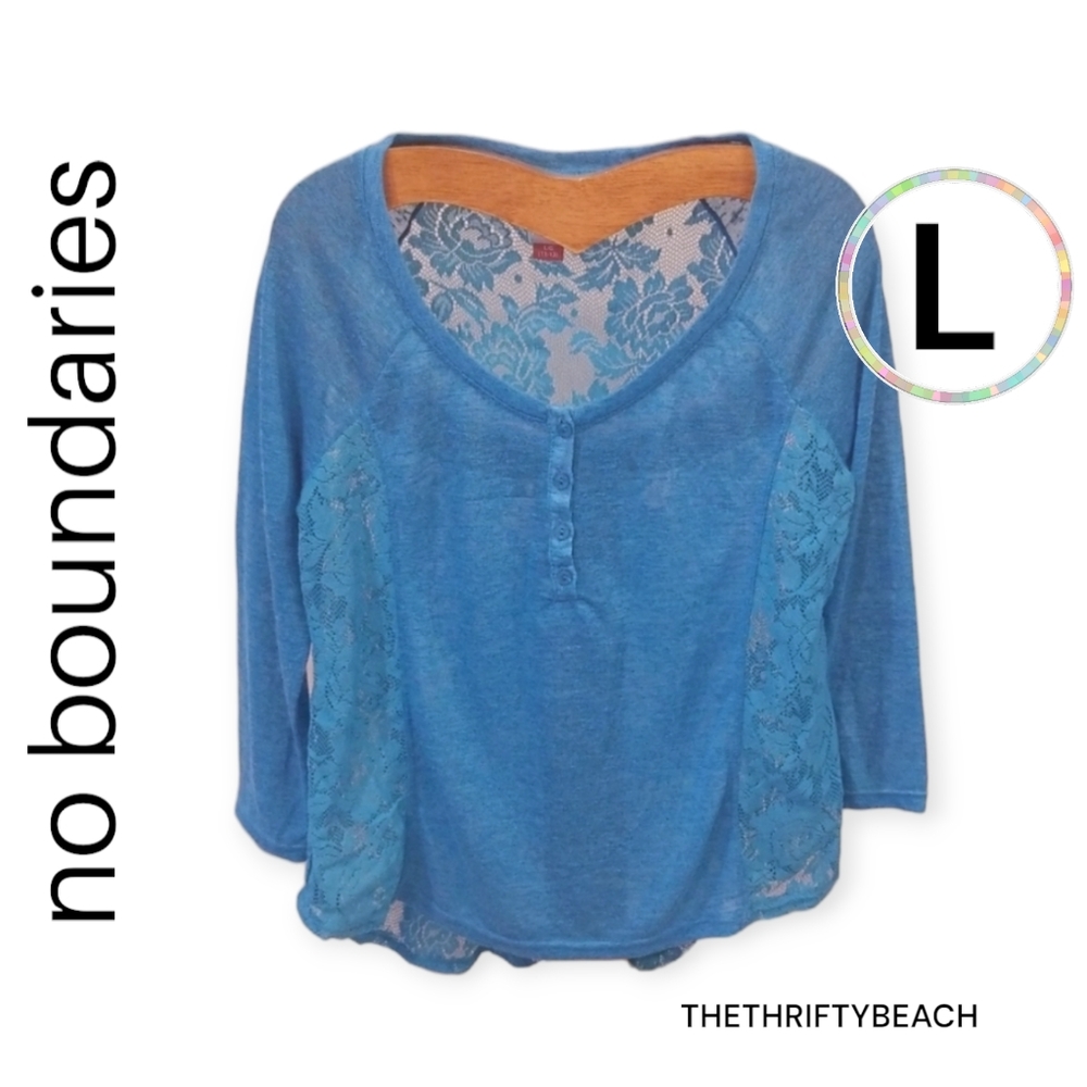 No Boundaries Caribbean Blue Lace Henley Top